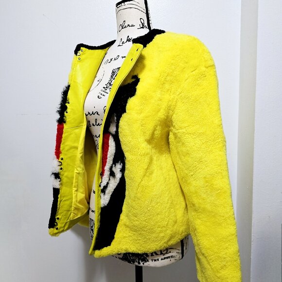 New Real Merino Lamb Fur Sheepskin Shearling Leather Coat Jacket Lemon Bumblebee - Picture 3 of 5